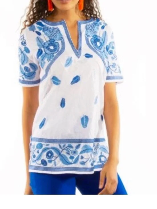 Gretchen Scott Women’s Blue Floral Pattern Embroidered Tunic Short Sleeve SizeXL - Picture 2 of 9